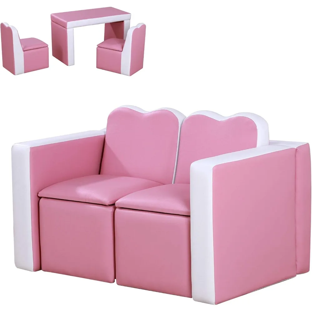 

Kids Sofa Set 2-in-1 Multi-Functional Toddler Table Chair Set 2 Seat Couch Storage Box Soft Sturdy Pink