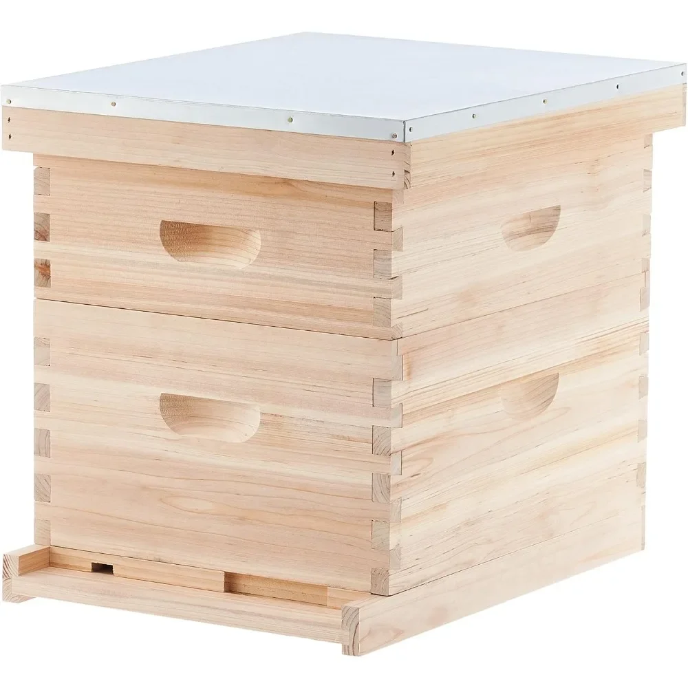 Bee Hive Boxes 10 Frame, Bee Keeping Starter Kit with Beehive Frames and Foundation, 2 Layers Complete Bee Hive Kit