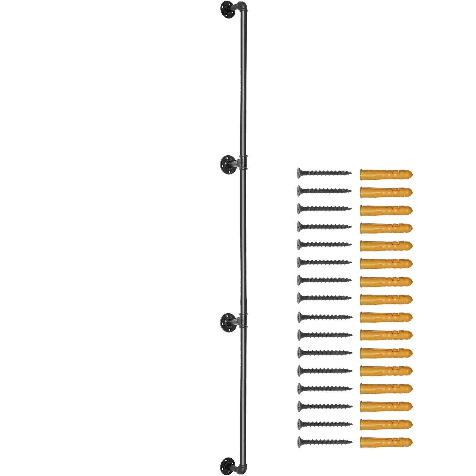 Industrial Pipe Stair Handrail 8FT Carbon Steel Wall Mounted Railing with Round Corner Supports 440LBS Load Capacity for indoor Outdoor Stairs