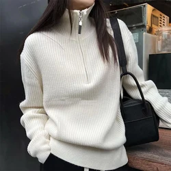 Women's Half Zip Sweatshirt Long Sleeve Cropped Pullover Turtleneck Sweater Y2K Clothing Slouchy Ribbed Knit Sweatshirt With Sli