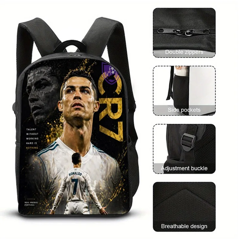 Football Ronaldos Backpack Student 3D Cr7 Printing 16inch School Bags Boy Man Outdoor Sports Rucksack Large Travel Knapsack Gift