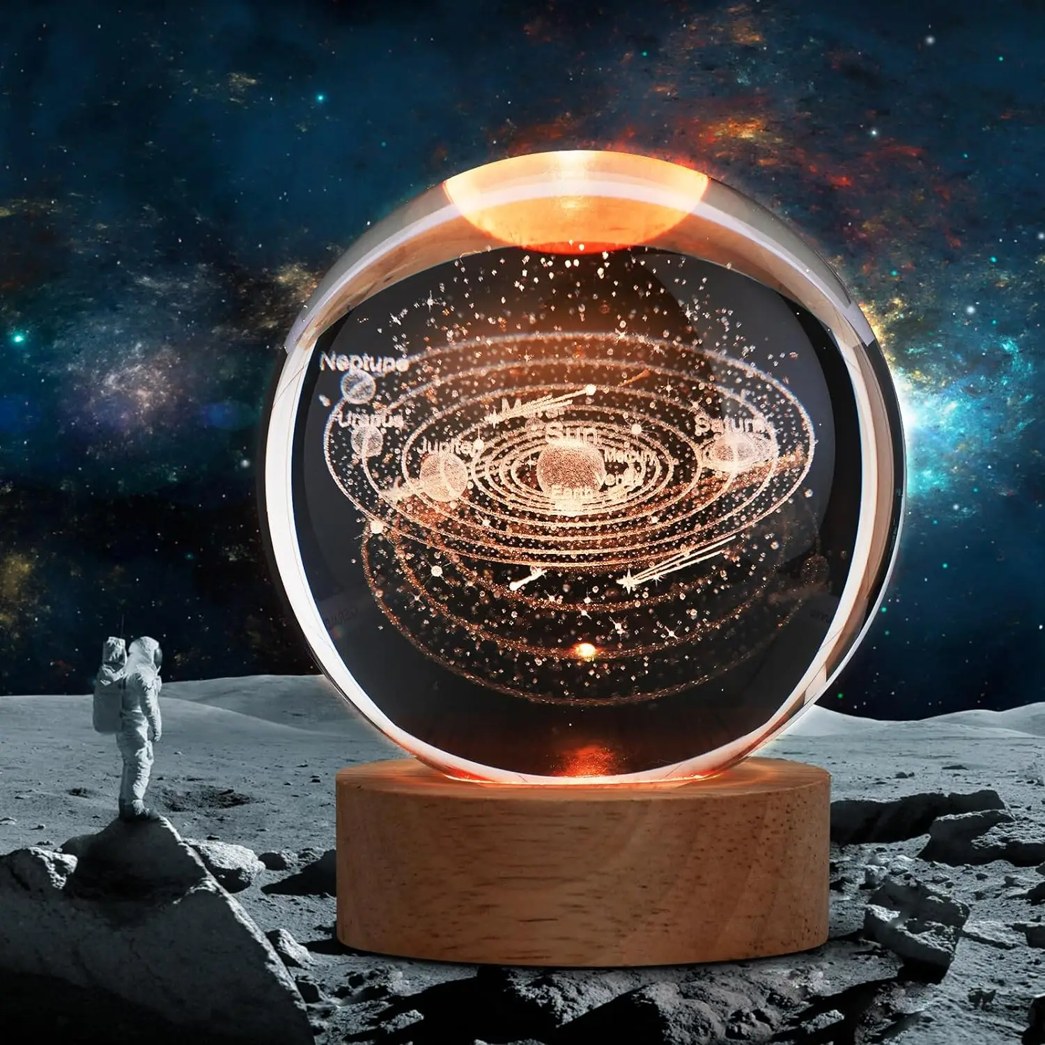 3D Solar System Moon Rose Saturn Inner Carved Crystal Ball Night Light with Wood Base, Birthday Gift for Teens Boys and Girls