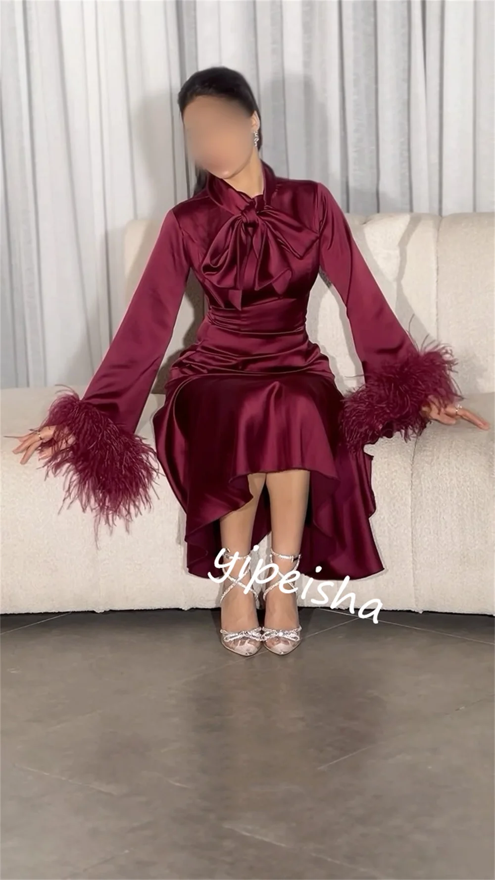 Jiayigong  Satin Bow Feather Graduation A-line High Collar Bespoke Occasion Gown Knee Length Dresses Saudi Arabia