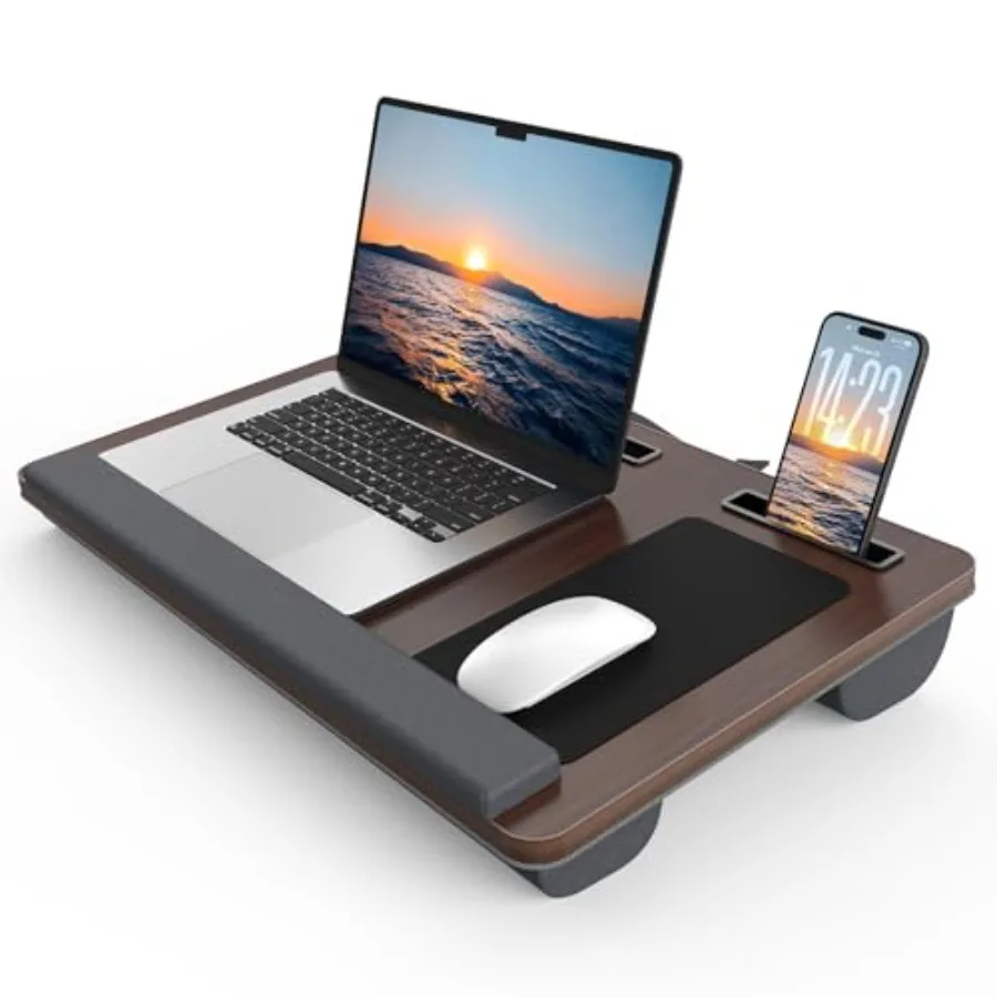 

Подставка для ноутбука с подушкой, большая подставка для ноутбука для взрослых, подходит для ноутбуков до 17 дюймов, поднос для ноутбука для кровати с подставкой для запястья, 2 самоклеящихся коврика для мыши, порт для подключения.