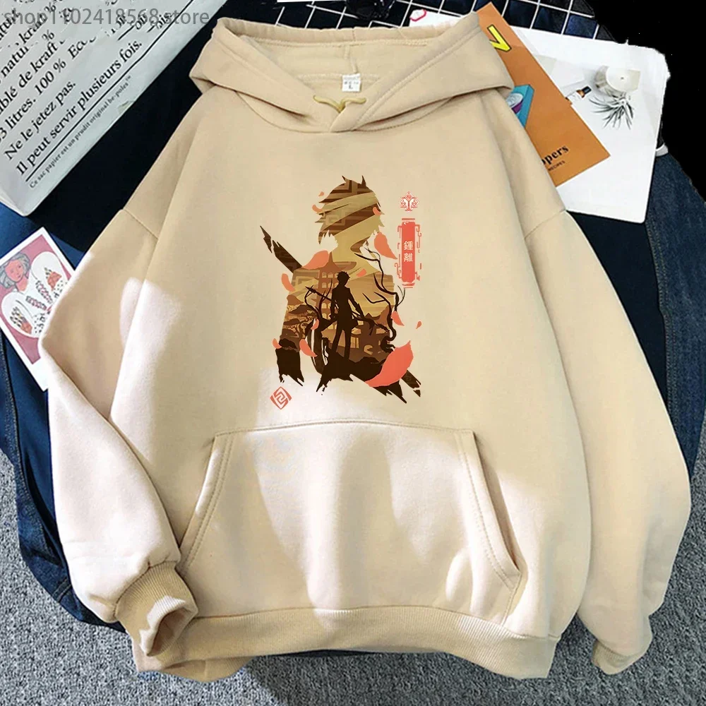 Cartoon Zhongli Hoodie Men Genshin Impact Metal Print Swearshirt  Harajuku Hoodies Women Y2k Streetwear Four Seasons Fleece Tops