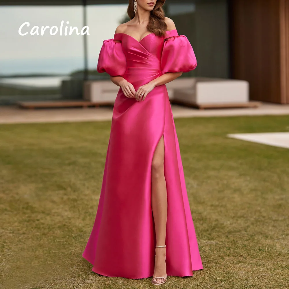 Carolina Simple Fuchsia Off The Shoulder Evening Dresses for Women Satin Floor-Length 2024 Side Split Formal Party Gowns