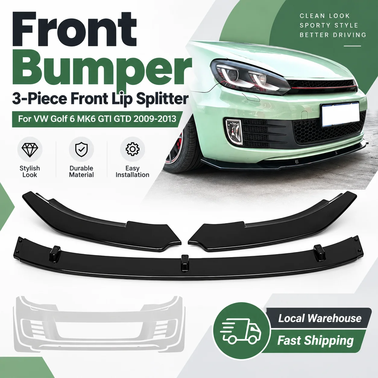 Frontstoßstange, 3-teiliger modifizierter Frontsplitter, für Volkswagen Golf 6 MK6 GTI GTD 2009-2013, Lip Spoiler Splitter Diffusor Abdeckung Deflektor
