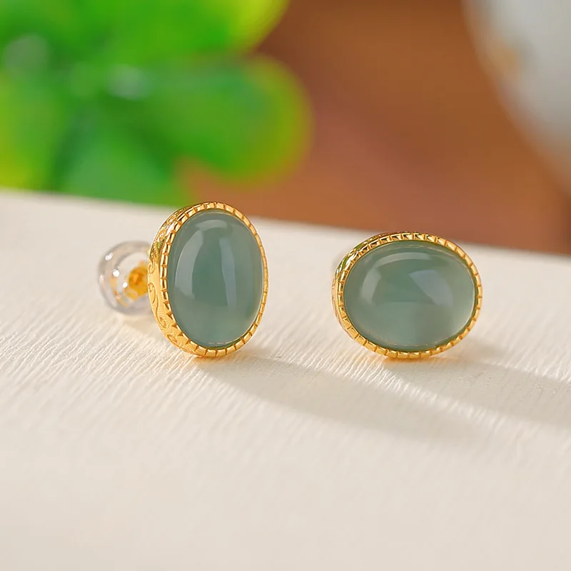 S925 Sterling Gold-Plated Jade Pattern Cabochon Earrings Silver Jewelry