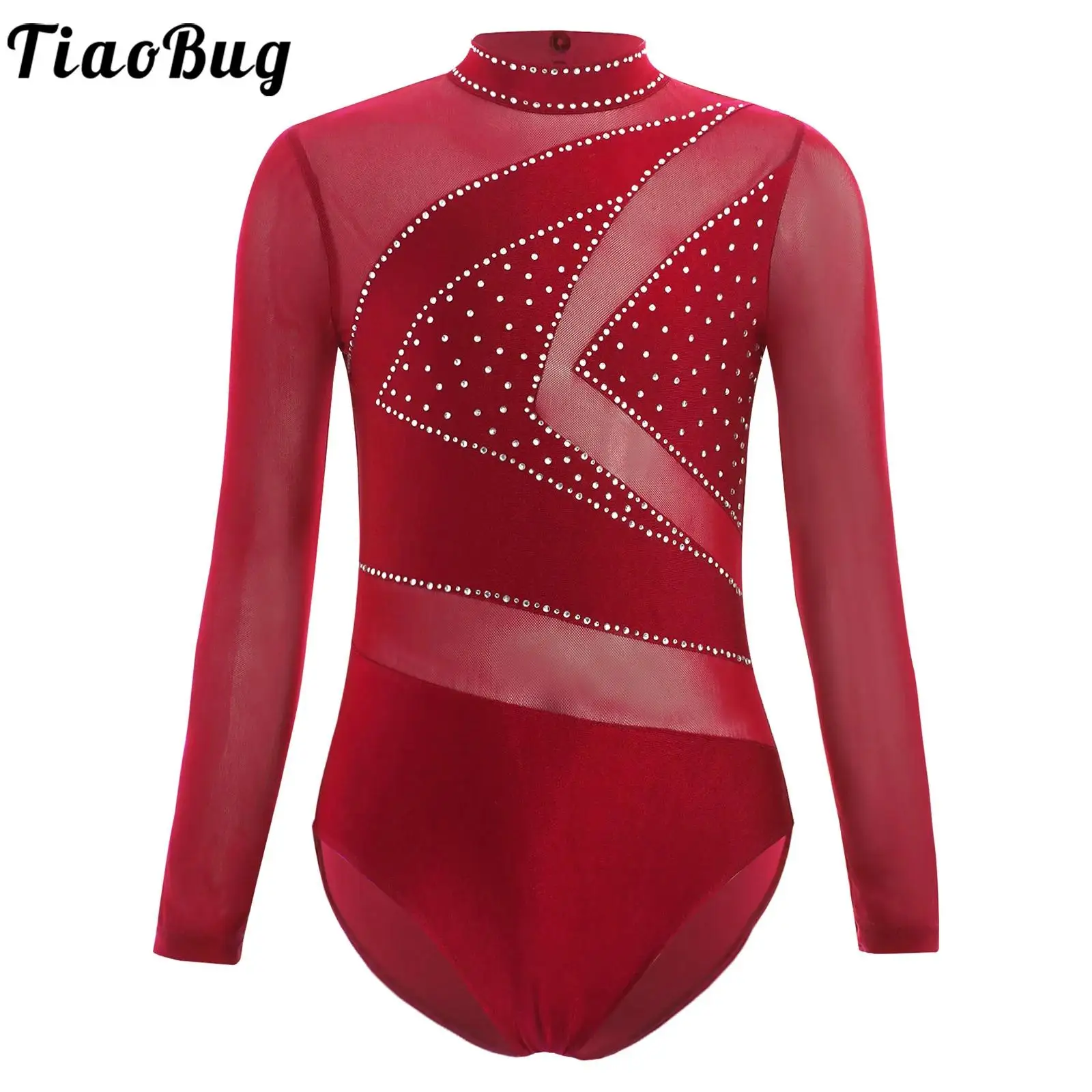 Kids Girls Ballet Dance Leotard Figure Skating Rhythmic Gymnastics Performance Costume Long Sleeve Shiny Rhinestone Jumpsuit