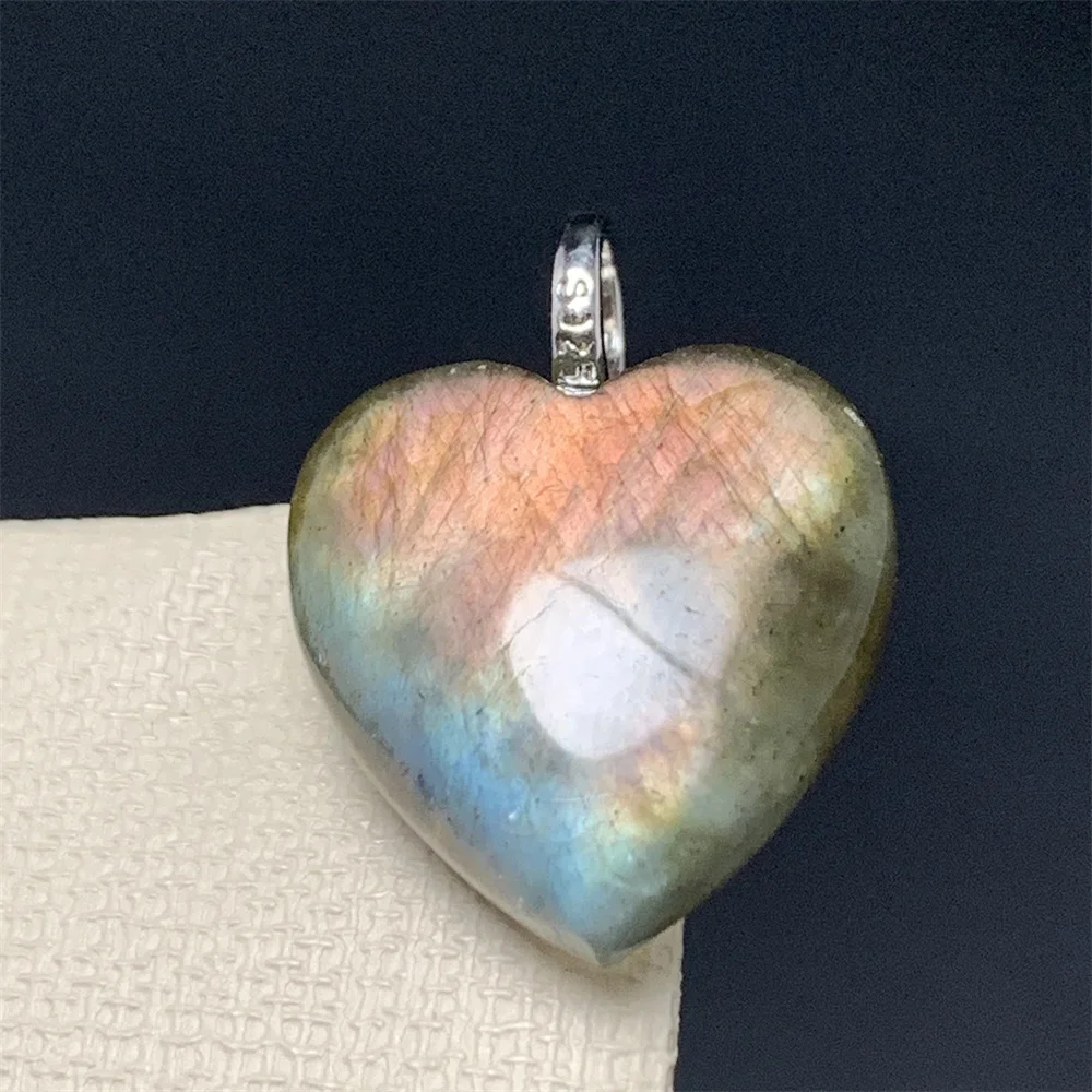 2 Sides Well-polished Natural Orange Pink Light Labradorite Necklaces for Women MINI Heart-shape Labradorite Pendants 925 Silver