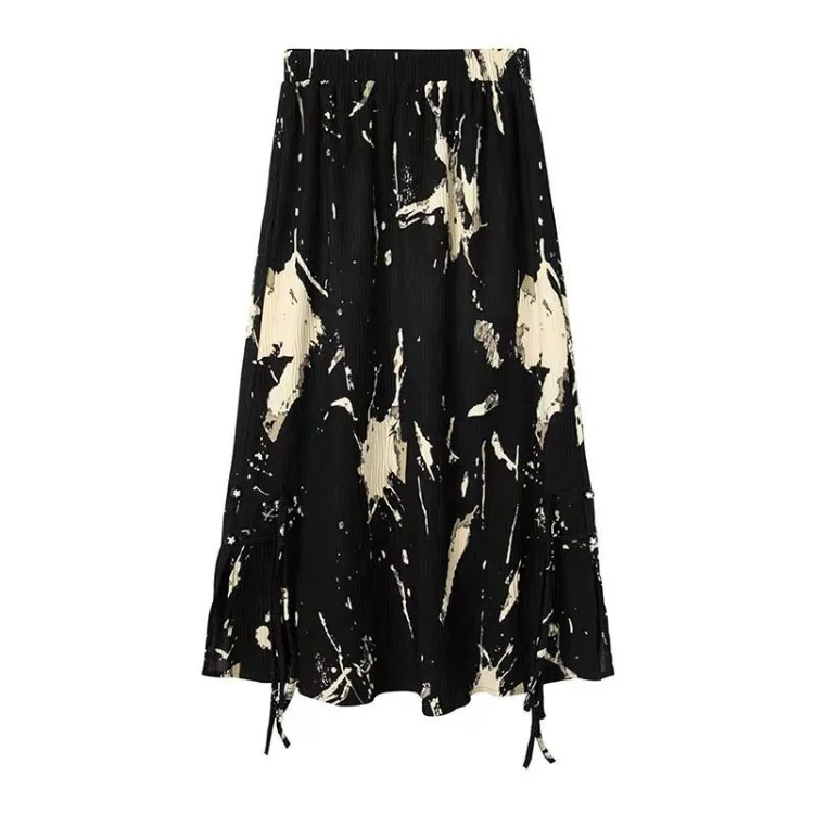 Fashion Vintage Black Ink Print Skirt for Women Y2k Elastic Waist A-line Skirts Autumn Winter New Mid-length Faldas Mujer