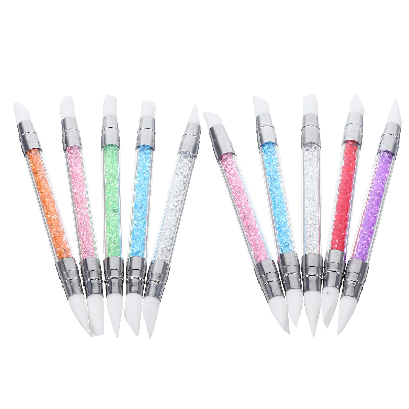 10Pcs Nail Art Tools Pen Ergonomic Acrylic Handle with Flexible Silicone Tips for Nail Carving Dotting Foil Powder Application