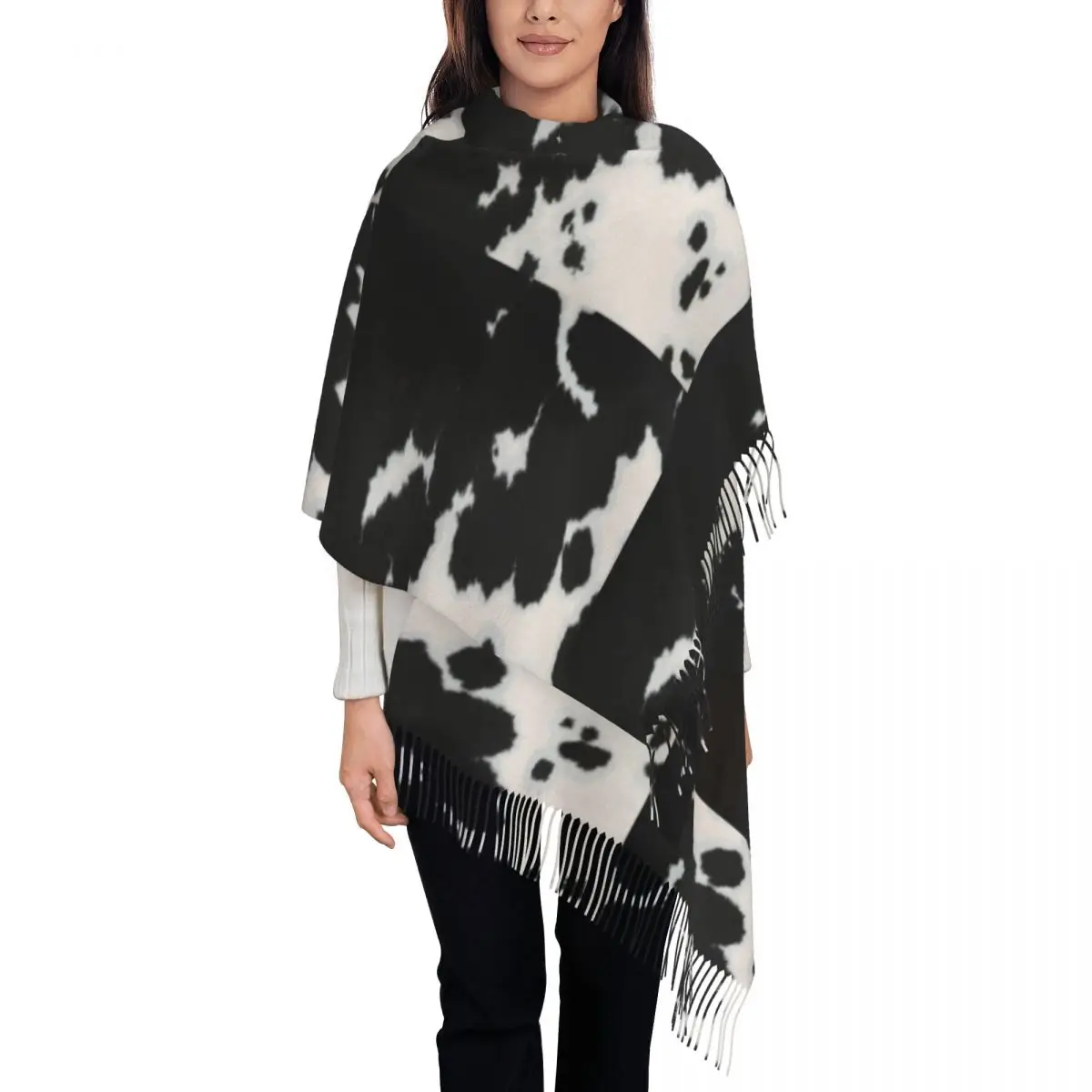 Luxury Black Spotty Cowhide Animal Pattern Tassel Scarf Women Winter Warm Shawls Wraps Ladies Fur Hide Skin Leather Scarves
