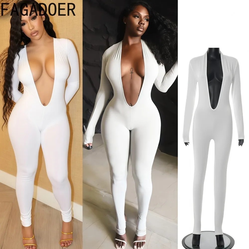 

FAGADOER Sexy Bodycon Rompers Women Solid Color Long Sleeved Deep V-neck Jumpsuits Female Streetwear Overalls 2025 Summer New