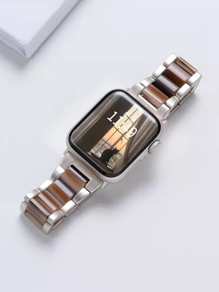 Starlight Resin Band For Apple Watch 9 Ultra 2 49mm 41 45mm Steel Metal Strap for iWatch Series 9 8 7  6 5 4 se 38 40mm 44 42mm