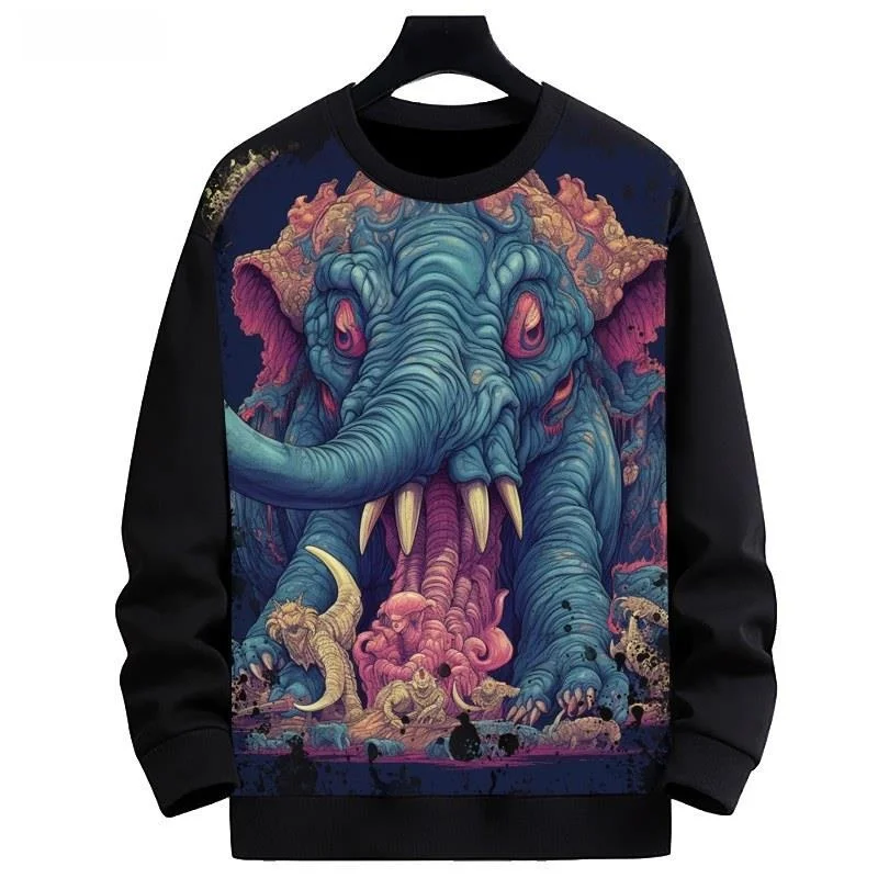 

Loose Men's Fleece Lined round Neck Sweatshirt 3D Digital Print Elephant Pattern Trendy Casual Comfortable Polyester Fiber