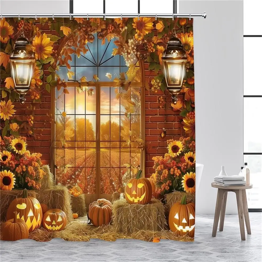 Autumn Barn Shower Curtain Sunflower Pumpkin Red Maple Leaves Fall Farm Landscape Bath Curtains Fabric Home Bathroom Decor Set