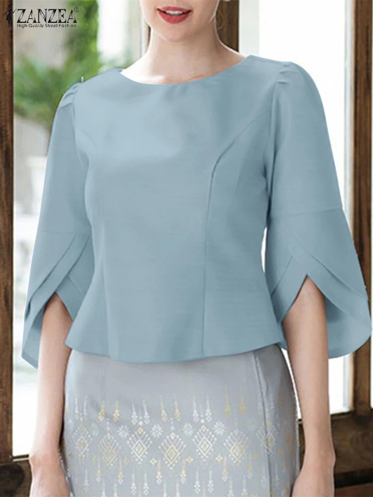 2025 ZANZEA blusa de oficina camisa de Mujer elegante sólido Slim Fit Tops verano elegante 3/4 manga de pétalo Blusas de trabajo Mujer de gran tamaño