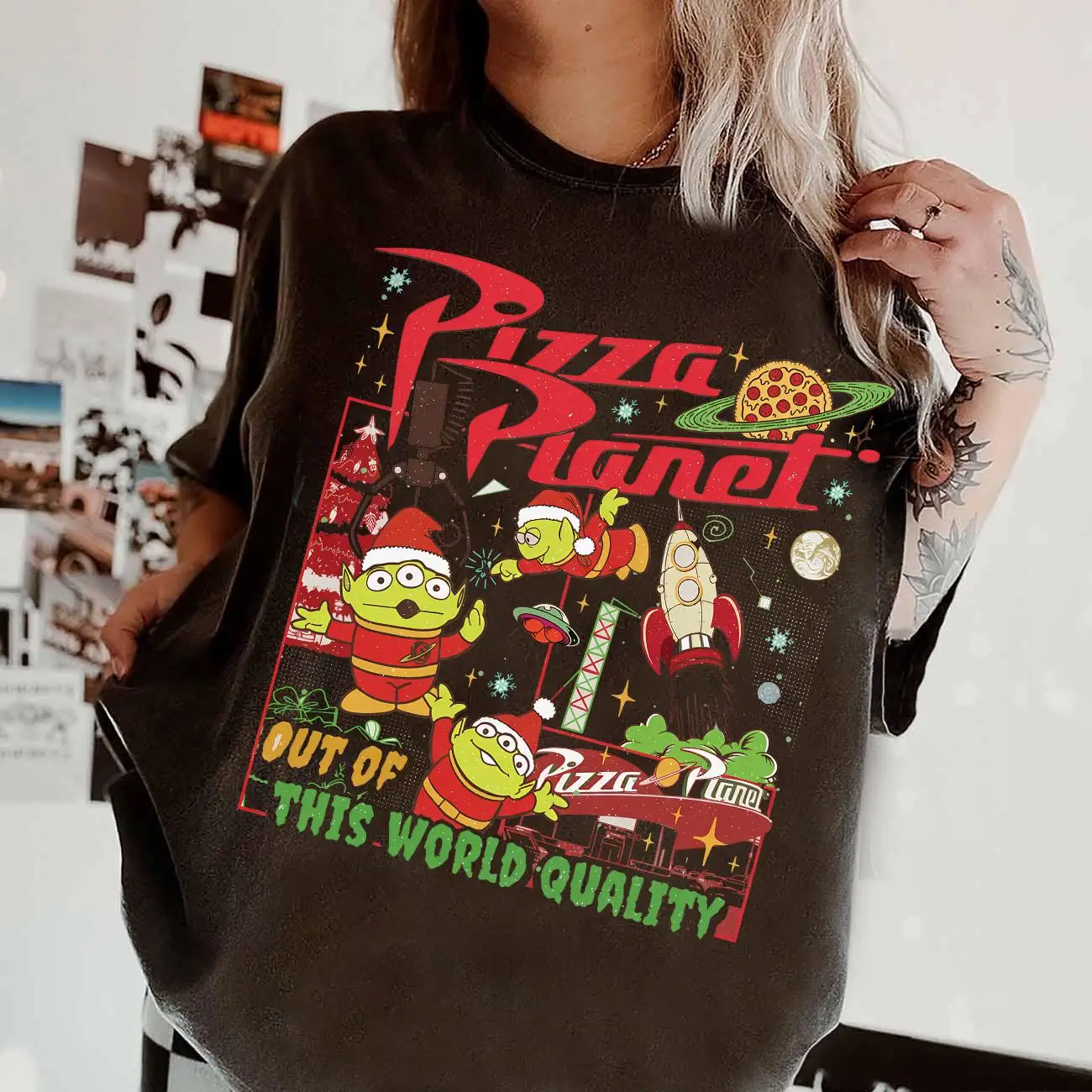 

Disney Pixar Toy Story Pizza Planet Aliens Christmas T-Shirt Toy Story Land Disney’s Hollywood Studios Christmas Trip