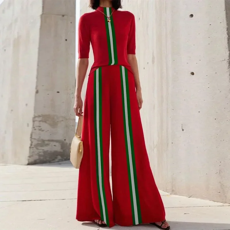 Modigirl Red Elastic Waist Wide Leg Contrast Color Long Pants Women 2025 Summer Spring Green White Striped Trousers Female