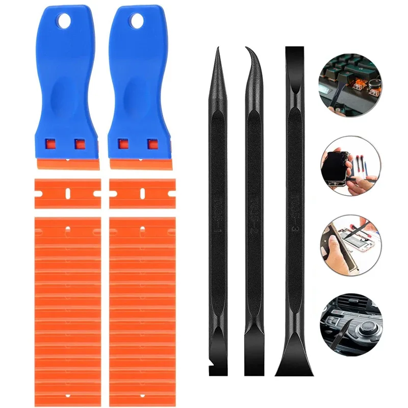 Plastic Razor Blade Scraper Kit with Plastic Razor Blades Pen Shaped Scraper Tool Adhesive Remover for Labels Window Glass Decal
