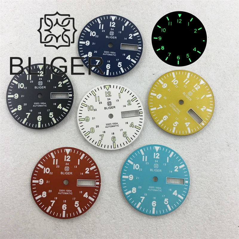 BLIGER 29mm Black White Blue Yellow Red Pilot Watch Dial C3 Green Luminous Sterile Dial Week Date Window fit NH36 Movement Parts