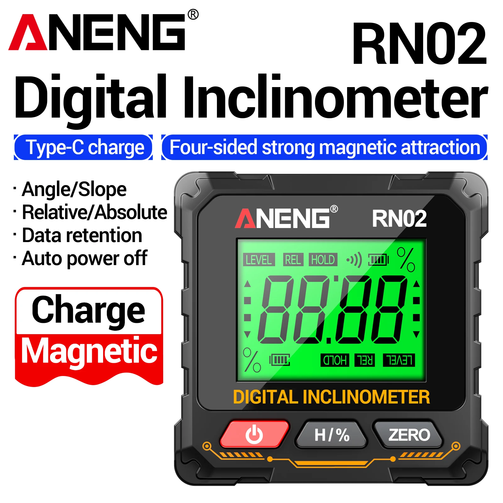 Rechargeable Digital InclinometerANENGRN014-Side Magnetic Base, Backlit LCD, Auto Screen Flip & Data Hold, Angle Measuring Ruler