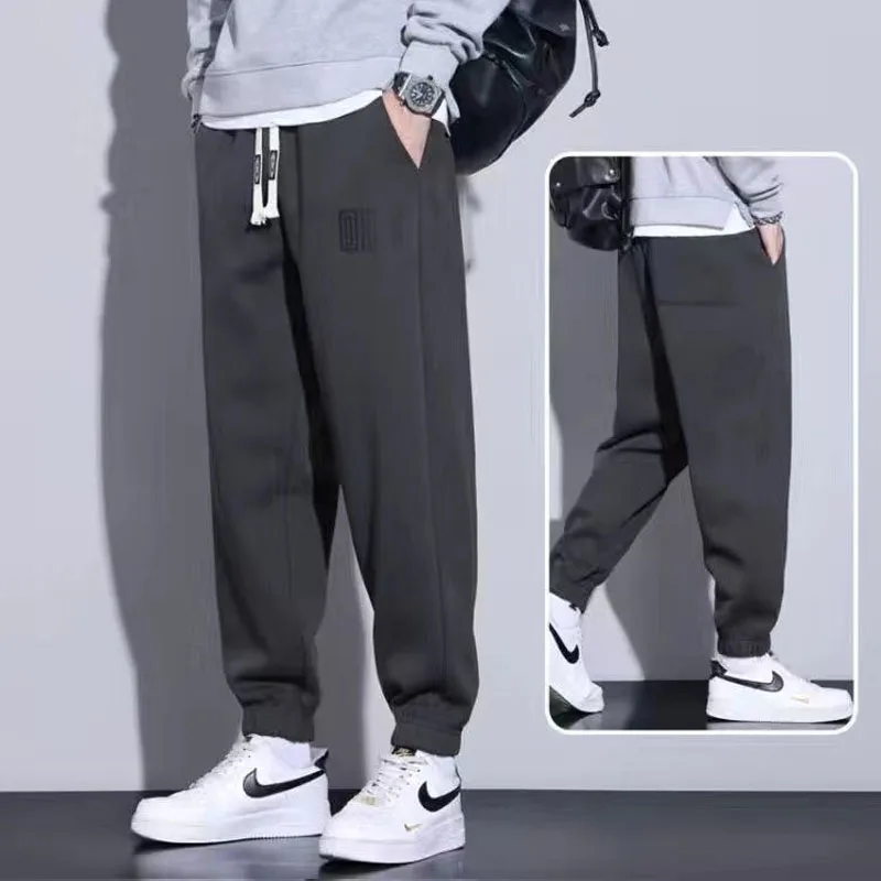 2023 Autumn Men\'s Solid Color Printed Elastic Waist Guard Pants for Men\'s Winter Thickened and Versatile Foot Tie Guard Pants