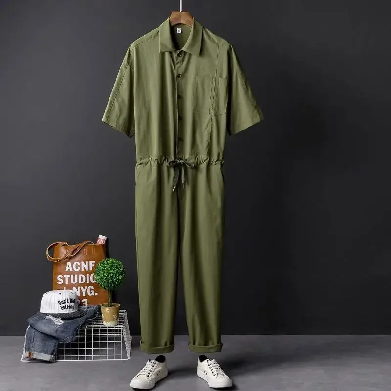 Summer Casual Men\'s Jumpsuit Solid Color Safari Style Men\'s Sets Single Breasted Lapel Short Sleeved Lace Up Ankle Length Pants