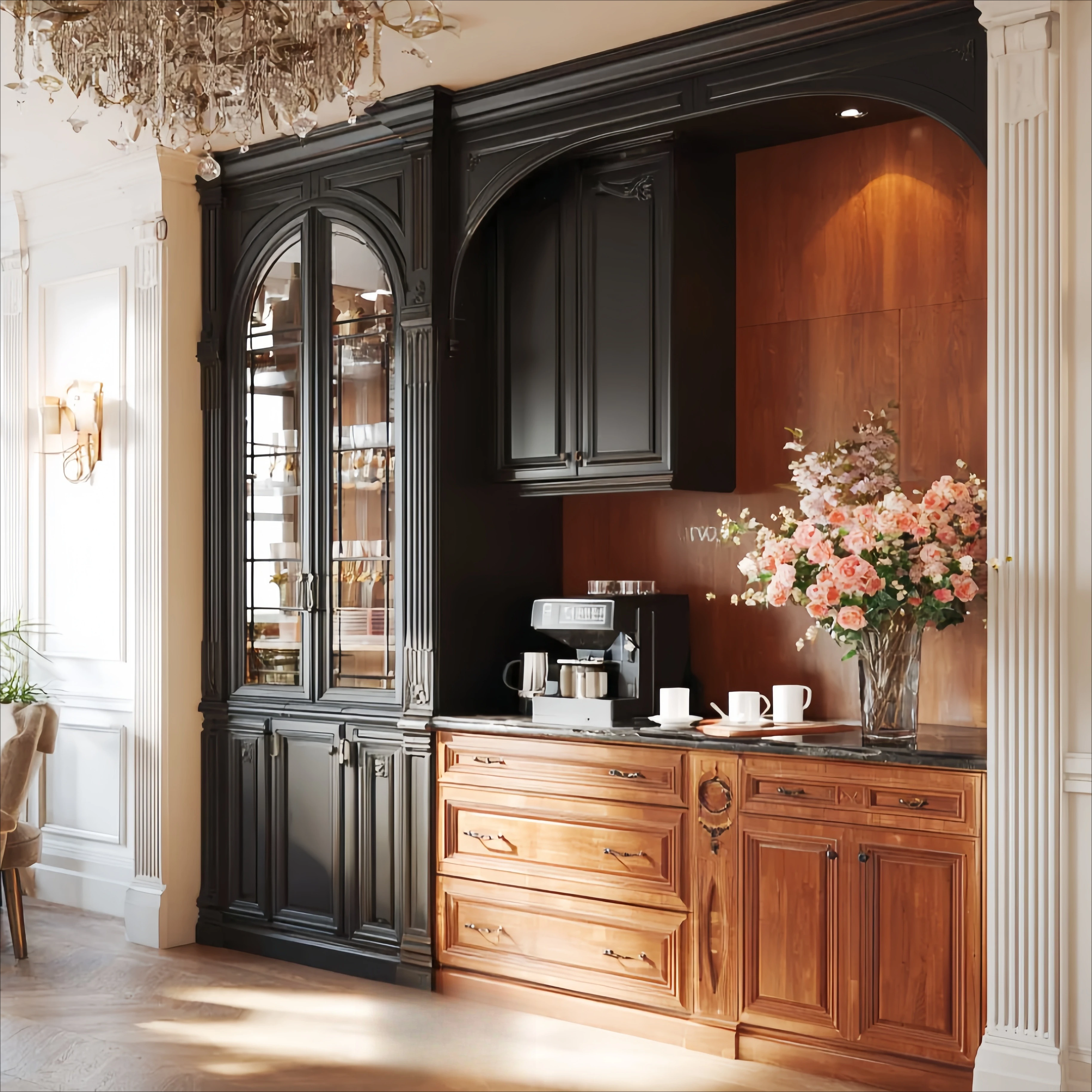 Bespoke Wall Dining Storage Cabinet Custom Layout Wine Display Built in LED Light Household Villa Furniture Antique Dining Table