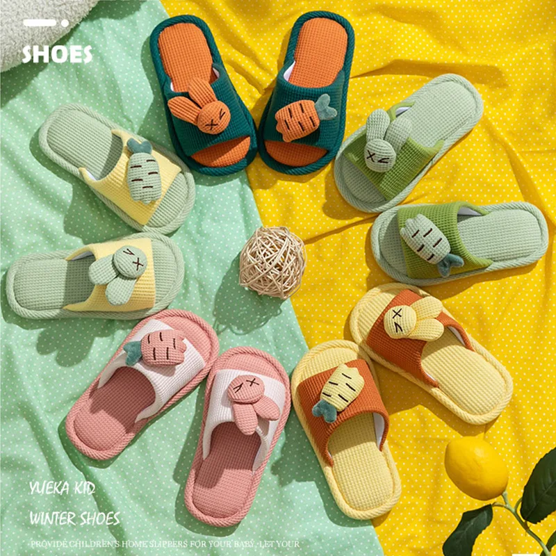 Kids Cotton Linen Slippers Soft Comfortable Flip Flop Child House Indoor Shoes Warm Home Slippers Boys Girls Open Toe Slides