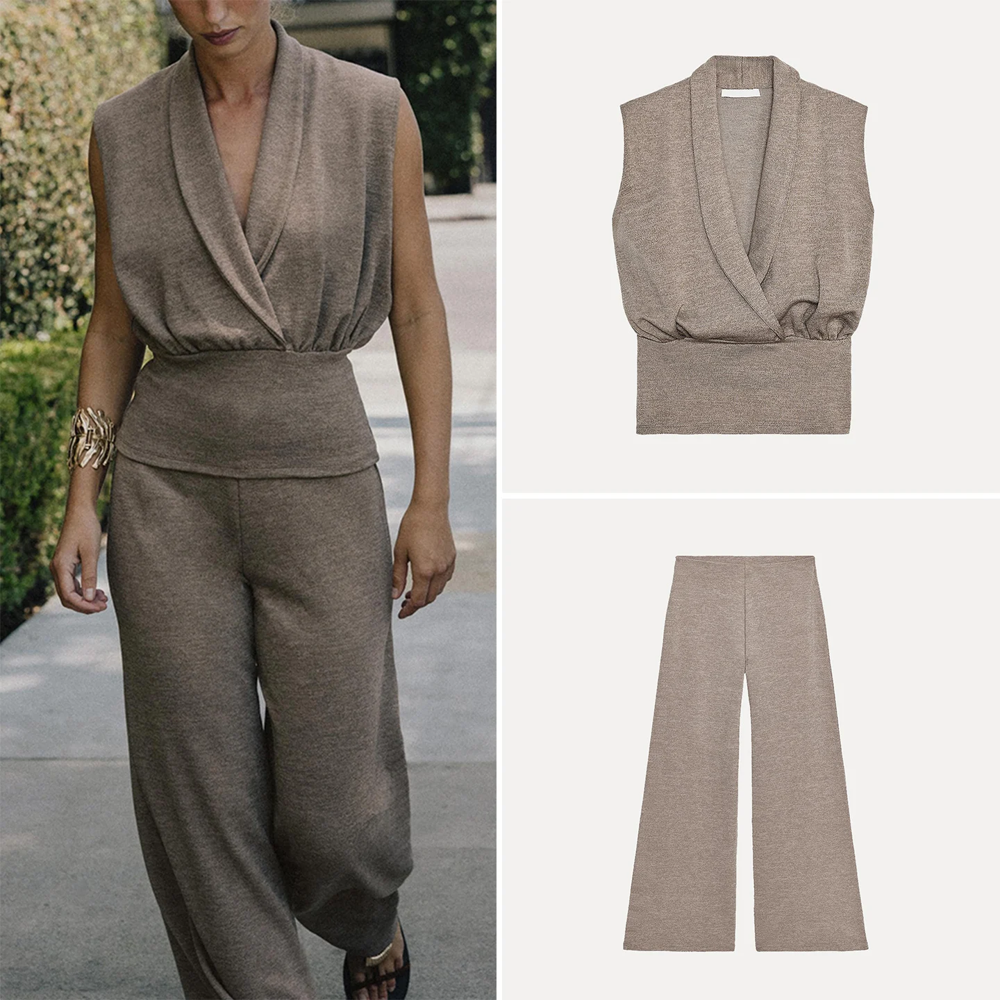 

Женский модный комплект Z, осень 2023, топ с перекрестным воротником и двойными лацканами, длинные брюки, свободный крой, четыре сезона для взрослых