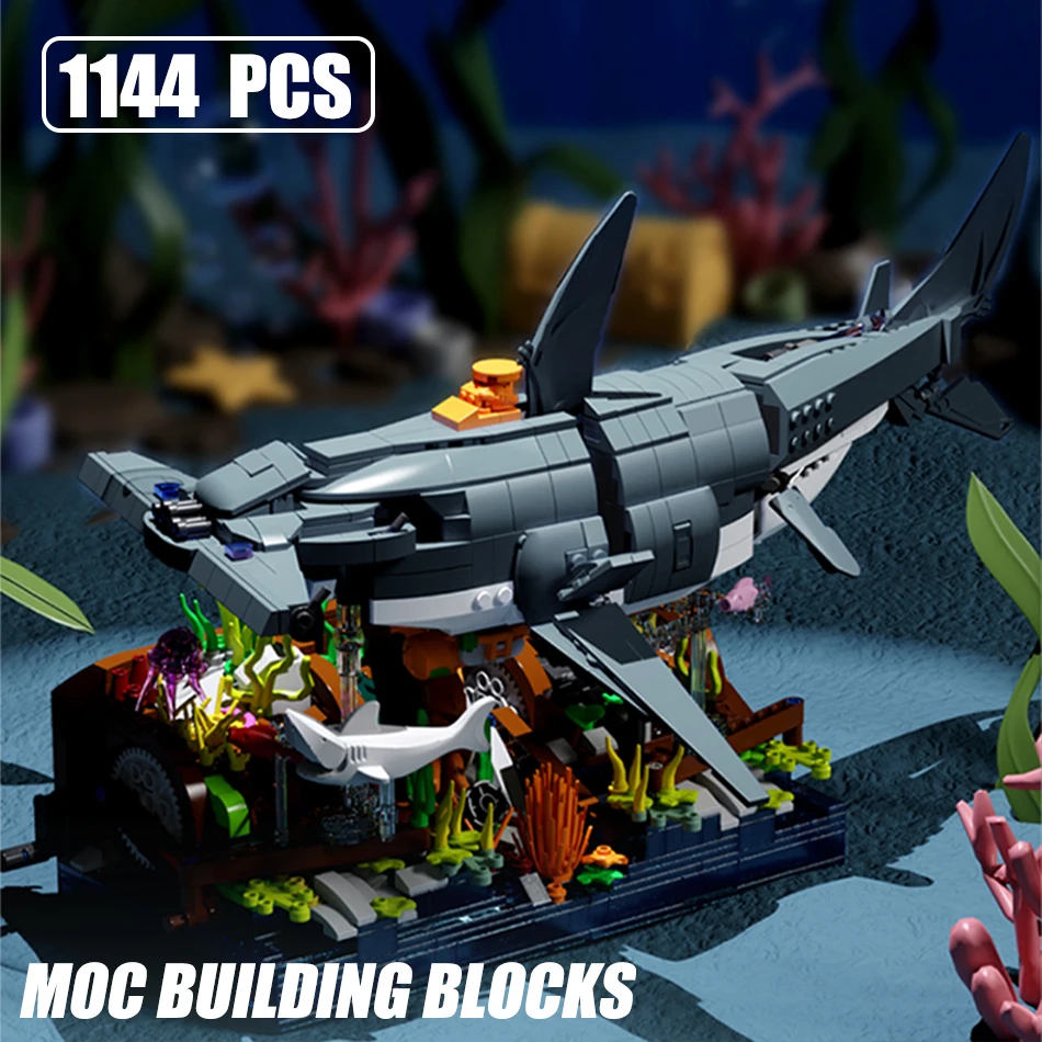 Juego de bloques de construcción de tiburón Hammerhead mecánico con soporte de exhibición y conexión de engranajes, modelo de tiburón de la vida marina, juguete para regalo para niños