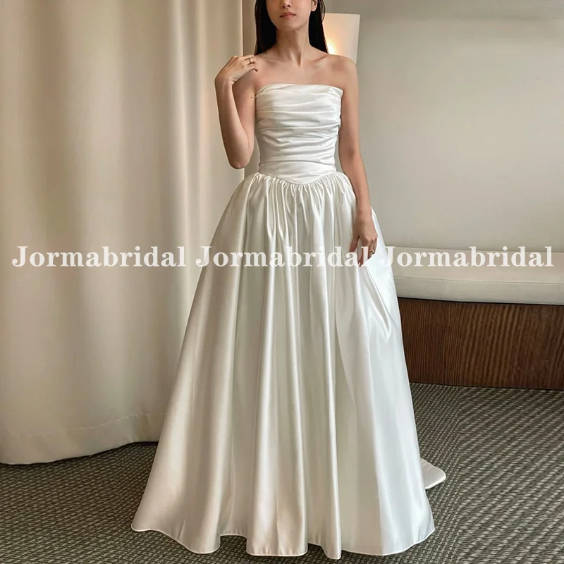

Simple Full Length Wedding Dress with Basque Waist Customized Strapless Pleated Satin Ivory A-line Bridal Gown vestidos de novia