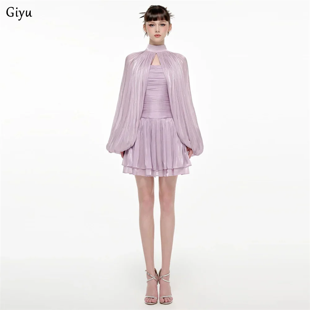 Giyu Shining Light Purple Pleat Mini Cocktail Dress High Neck lantern Sleeve Prom Gown Customized Back Zipper Graduation Dress
