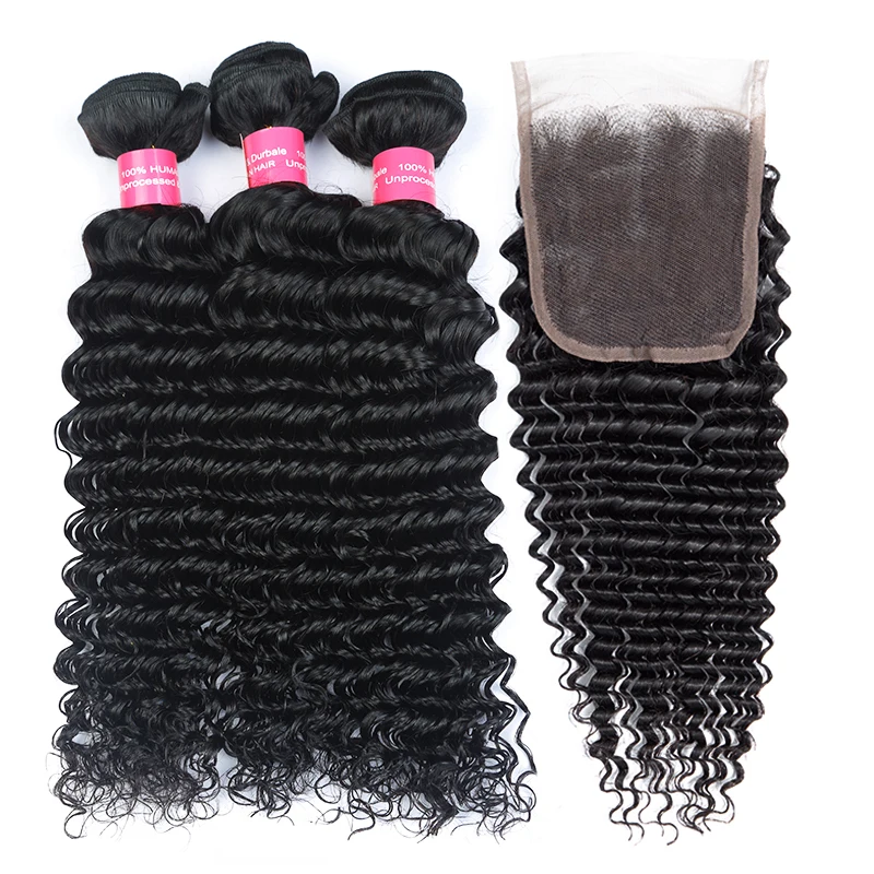 Deep wave bundles with closure Brazilian deep curly human hair weaves with 4x4 lace closure Nature Black