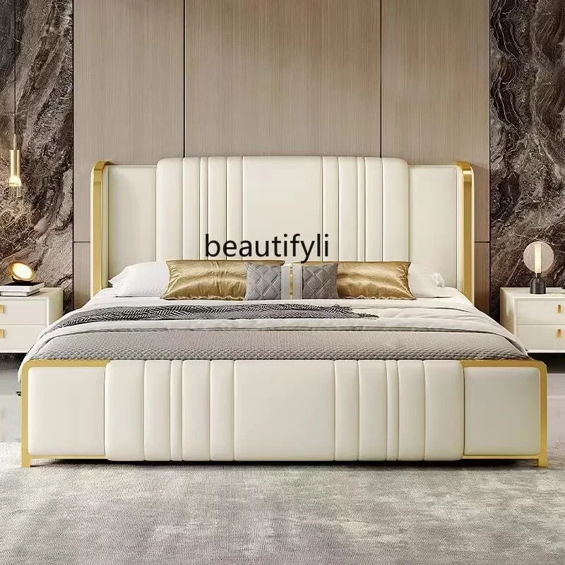 C89 Light luxury, master bedroom, big bed, leather solid wood frame bed, high-end, soft leather bed