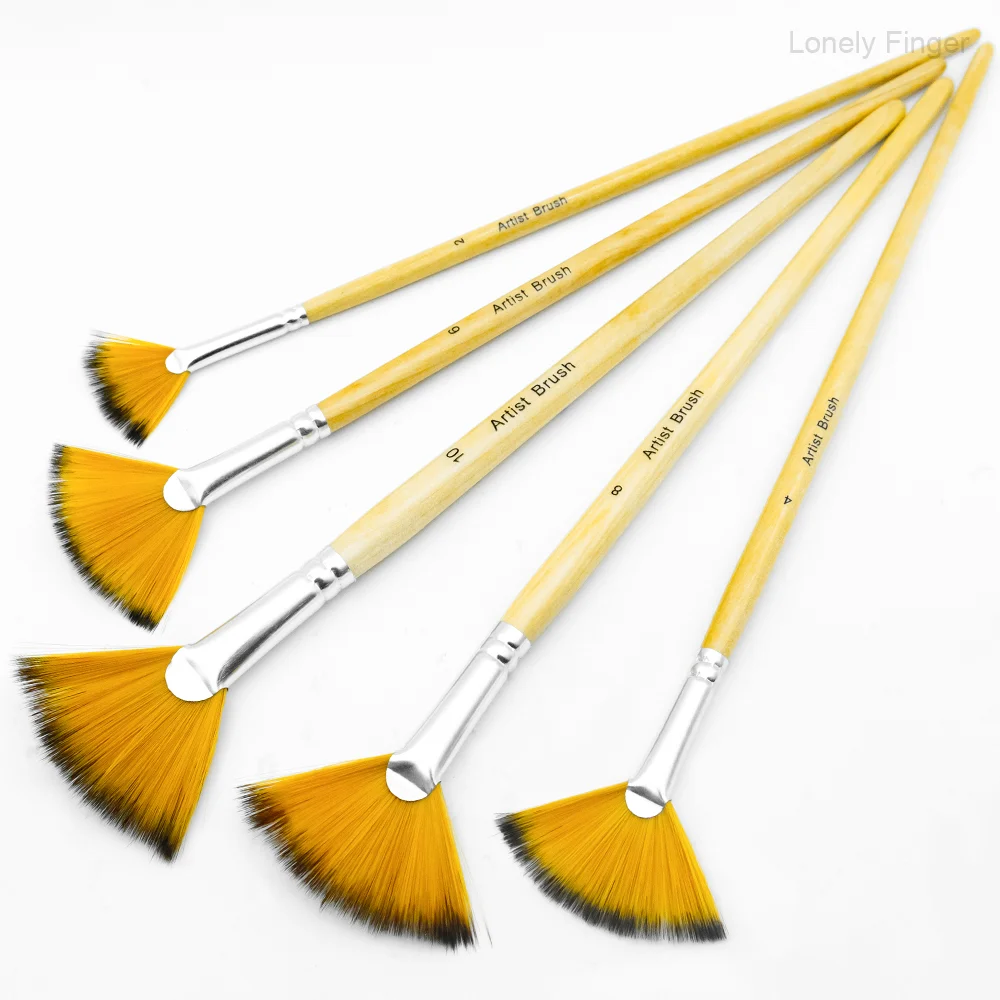 5 قطع من فرش المروحة، فرشاة طلاء للرسم بمقبض خشبي، مجموعة فرش شعر من النايلون لزيت الأكريليك والألوان المائية