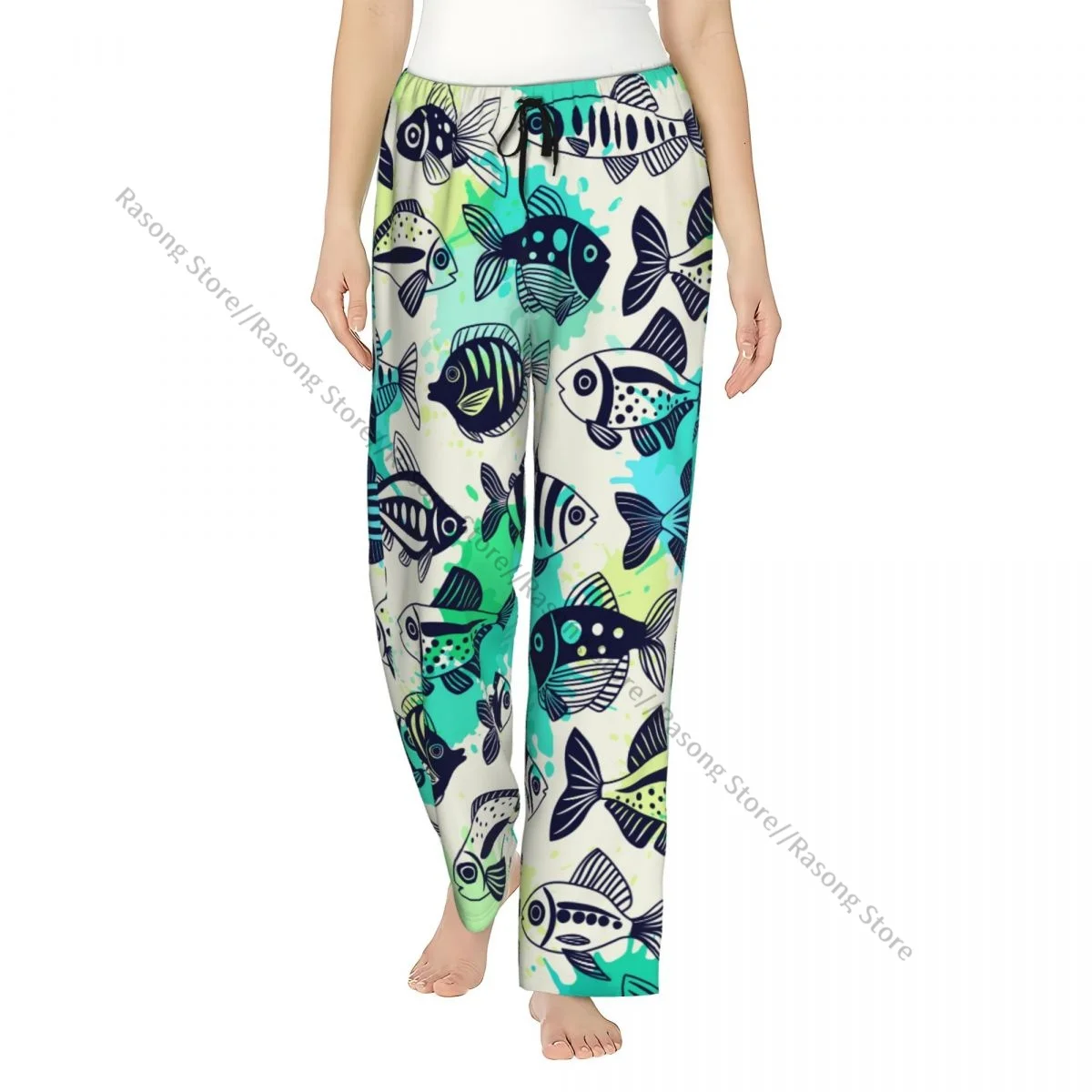 

Cartoon Fish Sea Animals Beautiful Pattern Women Sleep Pants Warm Flannel Lounge Pants for Winter Nights
