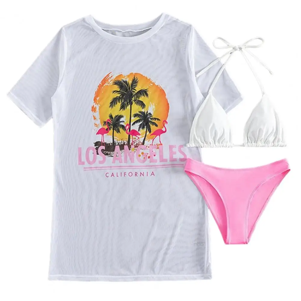 Bikini Sexy Set Bikini a tre pezzi con stampa tropicale con reggiseno allacciato e allacciato copricostume da donna Sexy a maniche corte