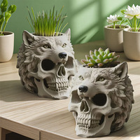 Wolf head skull flower pot silicone mold, realistic wolf head with detailed and sharp wolf fang pattern, Halloween decoration po