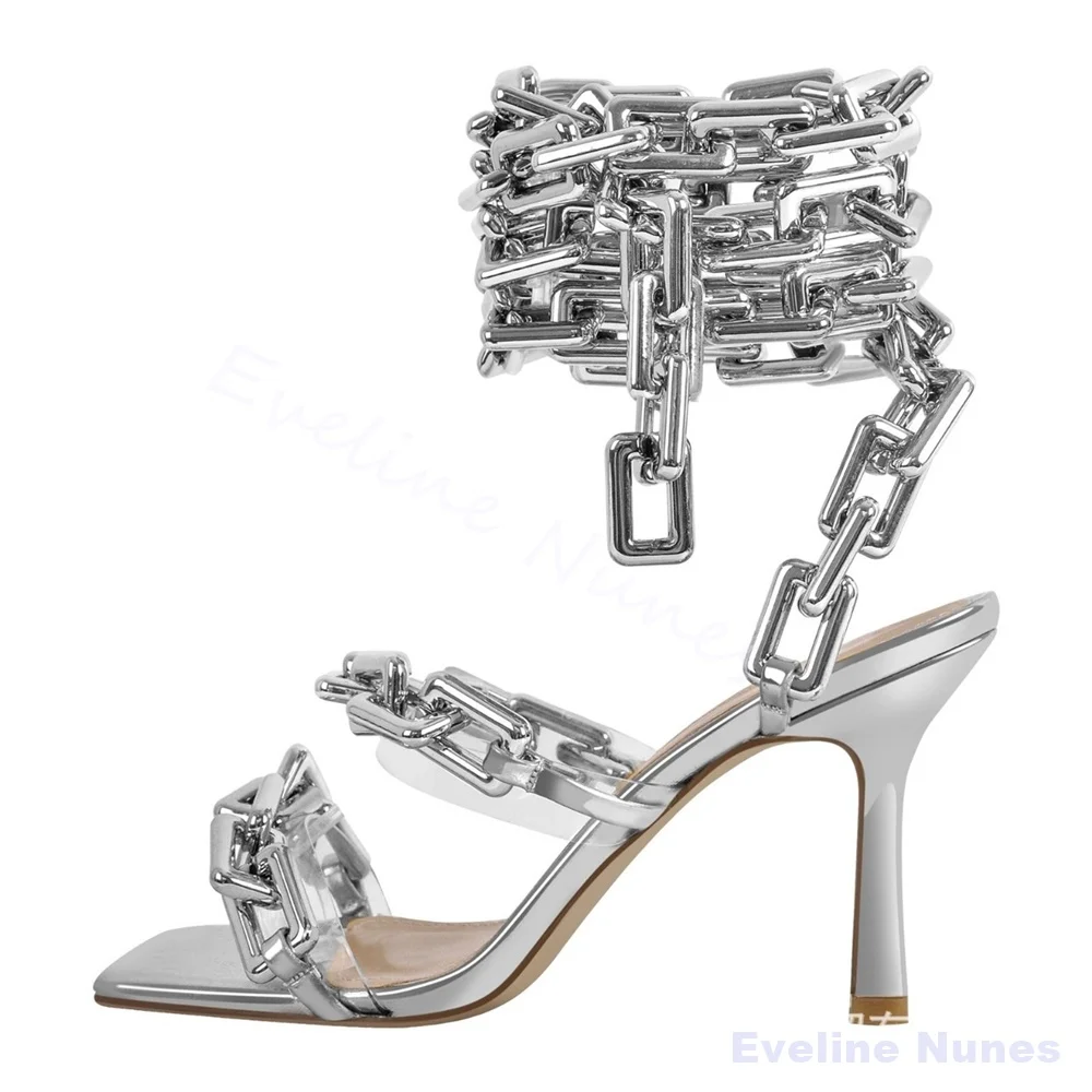 Gold Chain Ankle Wrap High Heel Sandals Women Square Toe Transparent Strap Thin Stiletto Sandals Luxury Wedding Party High Heels view 4