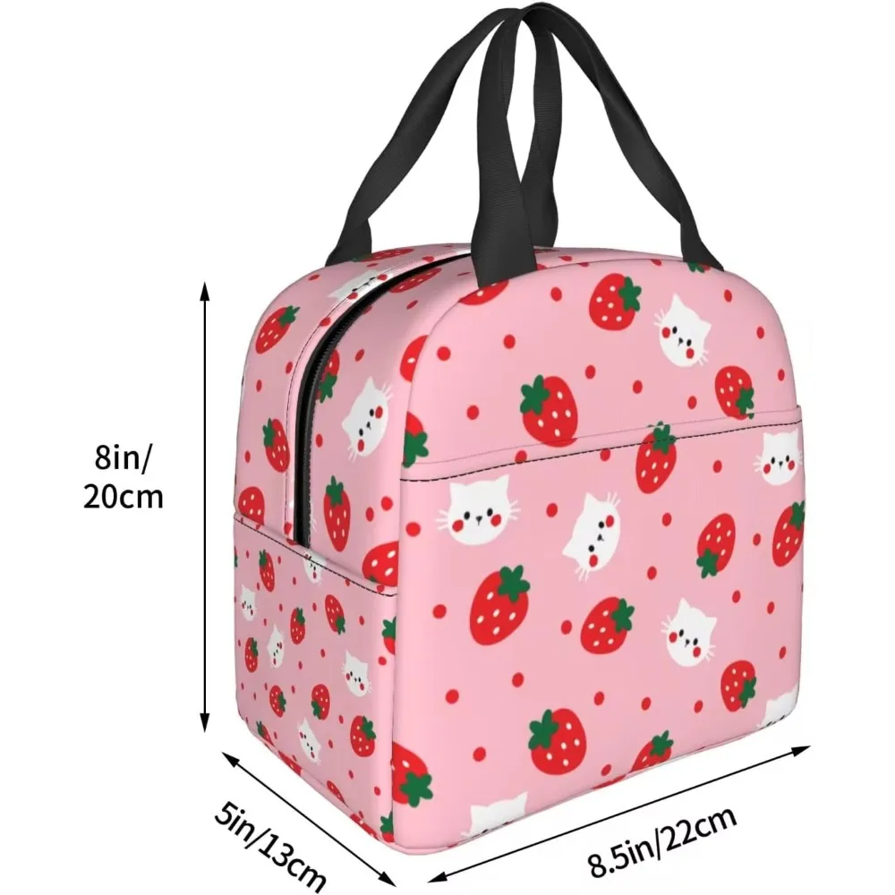 Strawberry Polka Cat Face Pattern Insulated Pink Lunch Bags with Pocket Reusable Thermal Freezable Lunch Box for School Picnic