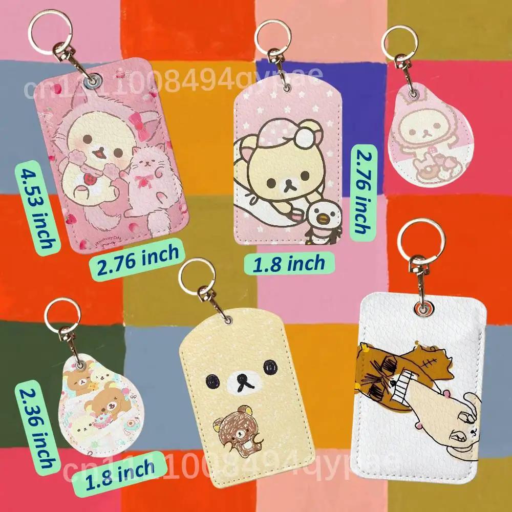 R-Rilakkuma Bear Leather Access Card Case Anti-lost Card Holder Keychain Accessories Fingerprint-proof Key Tag Ring