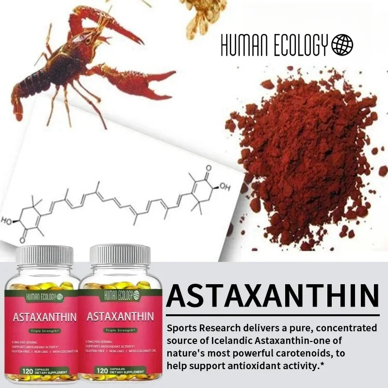 Suplemento de astaxantina de ecologia humana, absorção máxima, antioxidante mais forte, não OGM, sem glúten