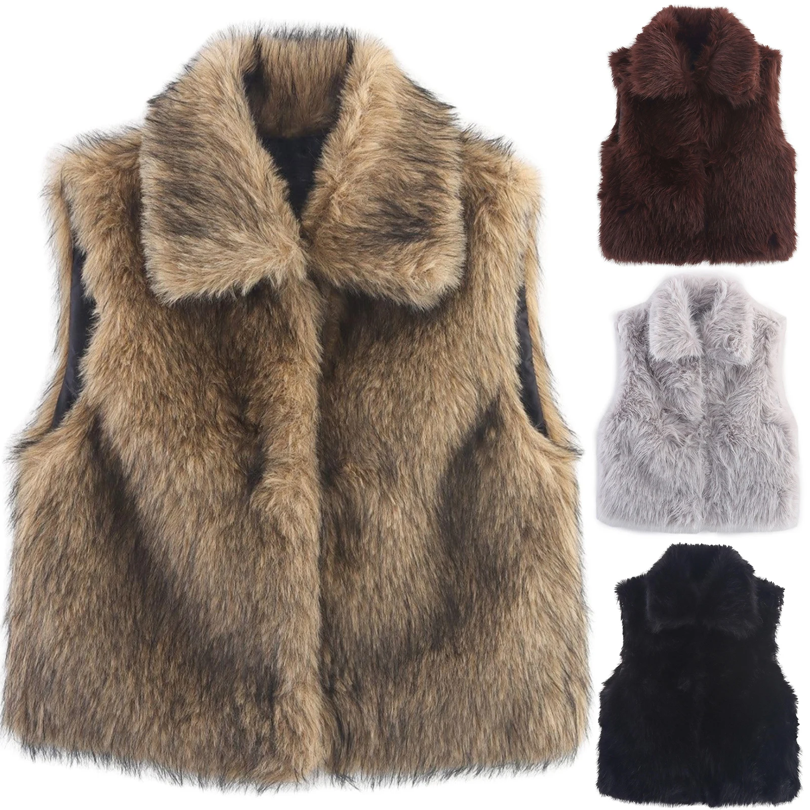 

Winter Warm Faux Fur Waistcoat for Women Fashion Warm Solid Color Sleeveless Faux Fur Vest Open Front Plush Jacket Streetwear