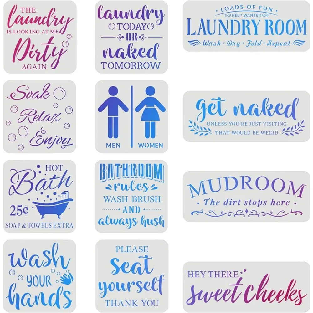 

12 Pcs Laundry Stencils Plastic Bathroom Rules Drawing Painting Sets Laundry Words Template Reusable Laundry Room Painting