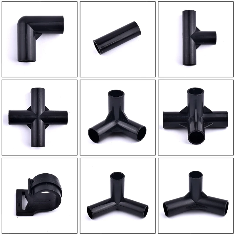 5Pcs Black Pipe Connector DIY Shelf Tent Fixed Connector Fittings I.D 8/12/16/19mm ABS Plastic Tee Four Way Elbow Straight Joint