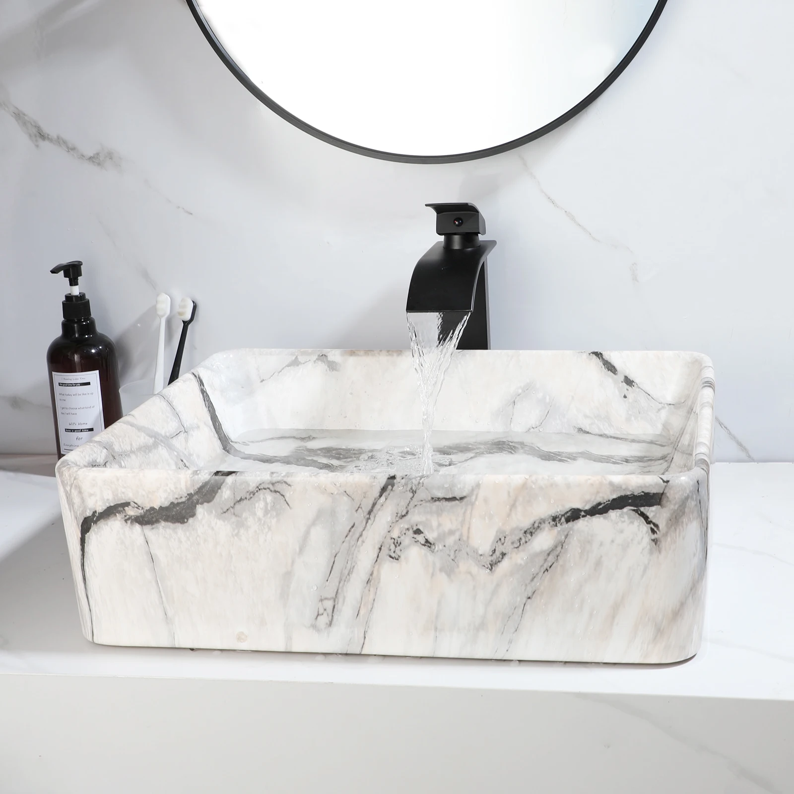 ZAPPO quare Marble Pattern Ceramic Vessel Sink Set, Bathroom Countertop Wash Basin with Matte Black Waterfall Tall Faucet Combo