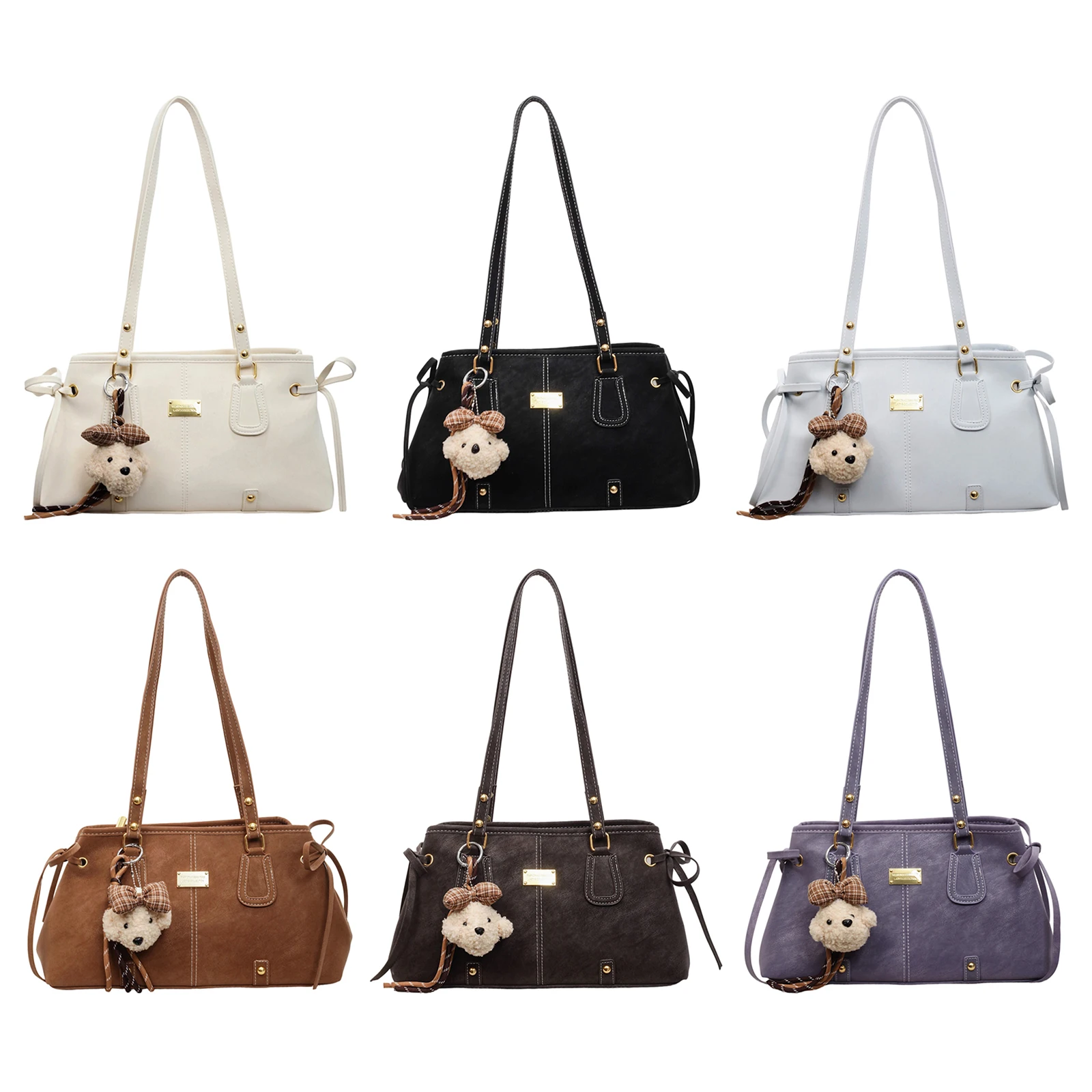 

Tote Handbag PU Leather Stylish Underarm Bag Large Capacity Work Tote with Cute Bear Pendant for Women Work Shopping Travel